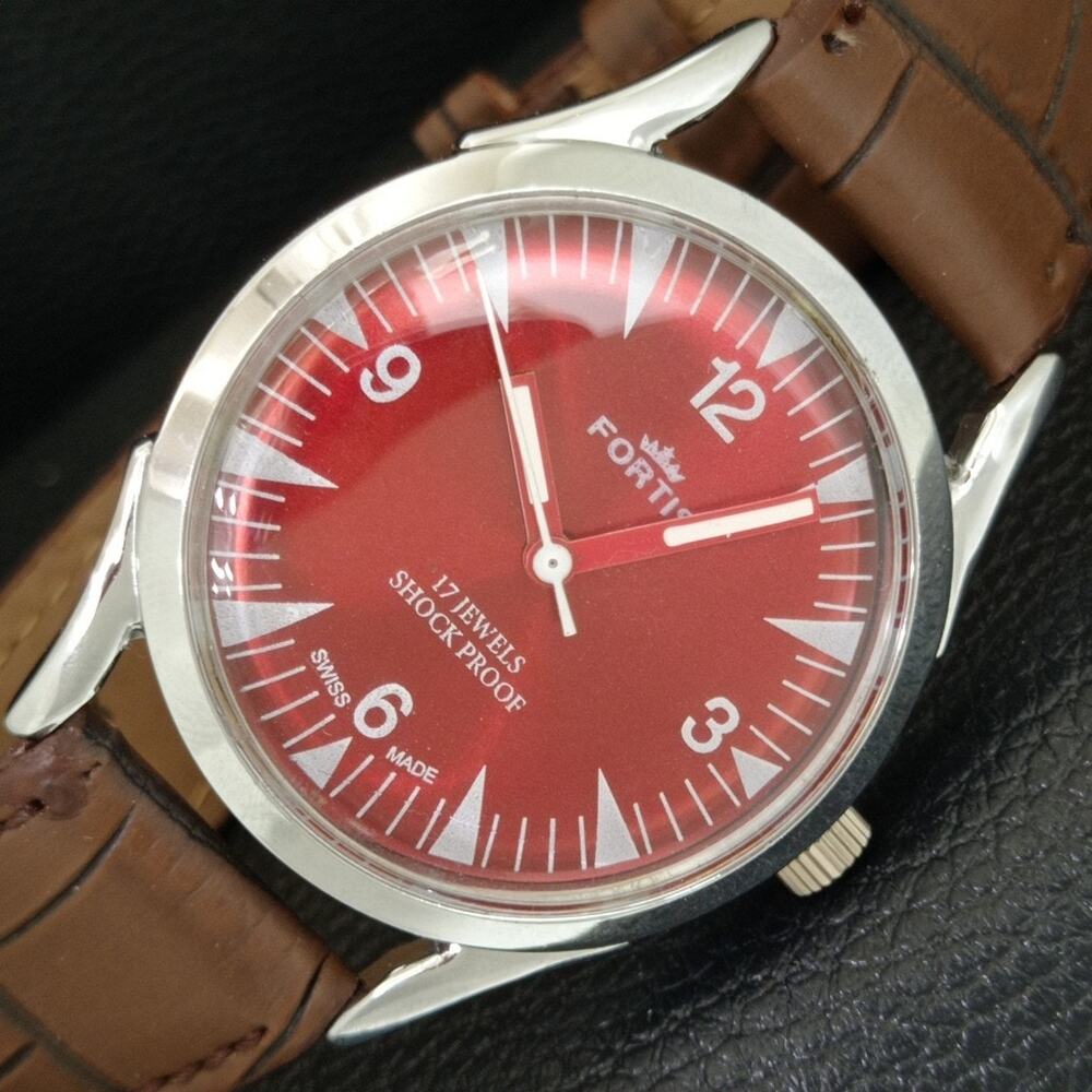 Vintage 1973 Fortis Manual Mens Silver Watch W/Leather Strap & Red accents
